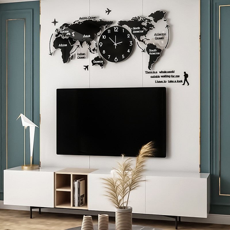Zidni sat s kartom svijeta, tiha sekundarna kretanja, brojčanik od organskog stakla, metalno kućište, Plexiglas ogledalo, prikaz kazaljkama i brojkama