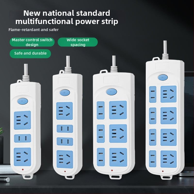 5 kontaktu enerģijas sadalītājs ar garu vadu, 10A, 100-250V, ABS korpuss, vara vadītāji, 3C sertifikāts