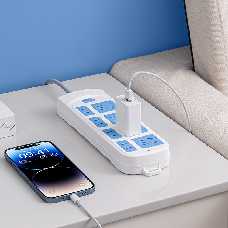 5 kontaktu enerģijas sadalītājs ar garu vadu, 10A, 100-250V, ABS korpuss, vara vadītāji, 3C sertifikāts