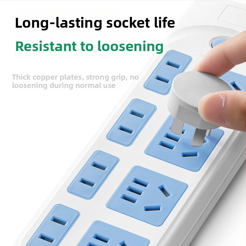 5 kontaktu enerģijas sadalītājs ar garu vadu, 10A, 100-250V, ABS korpuss, vara vadītāji, 3C sertifikāts