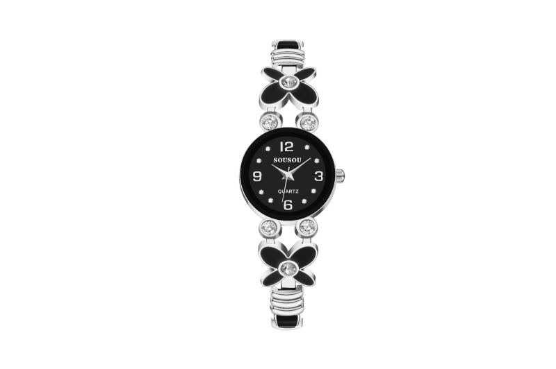Sousou Ceas de damă cu cuarț, brățară din oțel inoxidabil, model Clover bracelet watch, cu incrustații de pietre strălucitoare