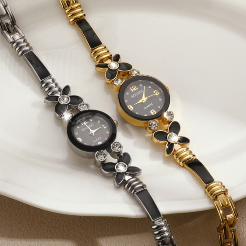 Sousou Ceas de damă cu cuarț, brățară din oțel inoxidabil, model Clover bracelet watch, cu incrustații de pietre strălucitoare