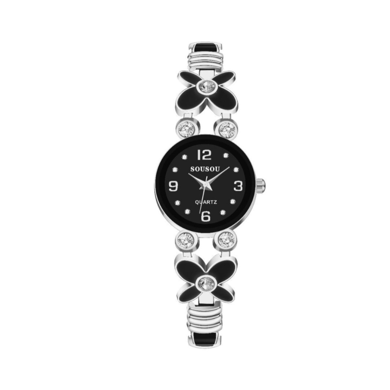 Sousou Ceas de damă cu cuarț, brățară din oțel inoxidabil, model Clover bracelet watch, cu incrustații de pietre strălucitoare