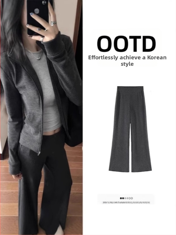 Hall triibuline kardigan-suits naistele - top, mis rõhutab taljet, kõrge stand-up krae, pikad varrukad, jaapani-korea vaba stiil, polüester-puuvillasegu.