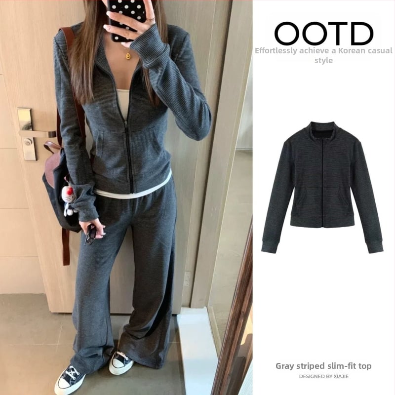 Hall triibuline kardigan-suits naistele - top, mis rõhutab taljet, kõrge stand-up krae, pikad varrukad, jaapani-korea vaba stiil, polüester-puuvillasegu.