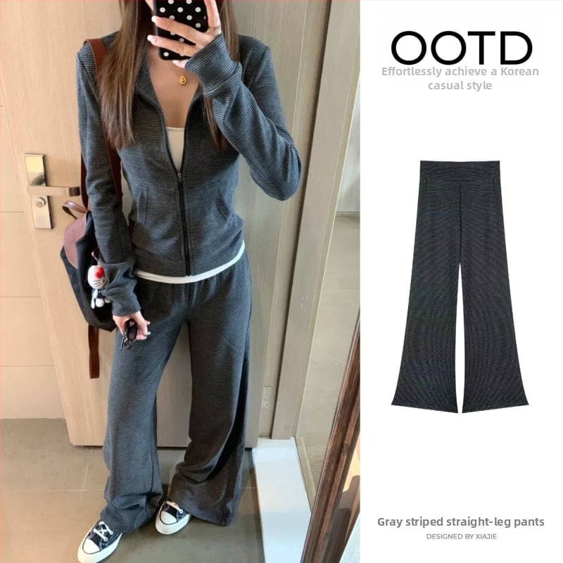 Hall triibuline kardigan-suits naistele - top, mis rõhutab taljet, kõrge stand-up krae, pikad varrukad, jaapani-korea vaba stiil, polüester-puuvillasegu.