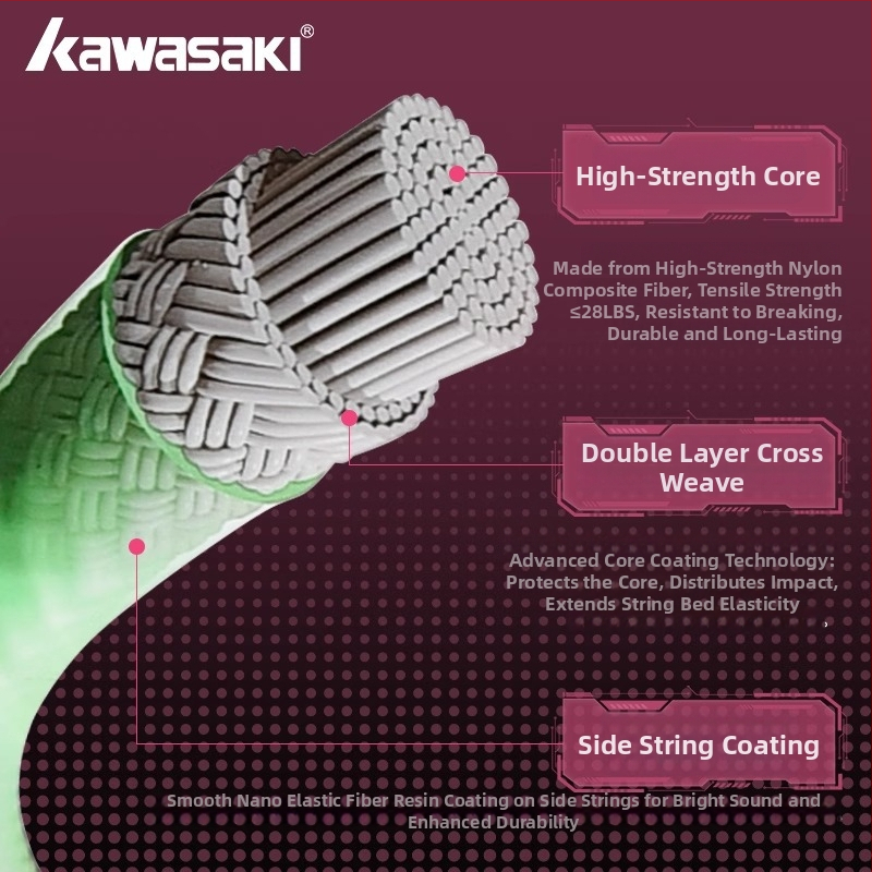 Kawasaki raketes aukla no neilona šķiedras, piemērota badmintonam un galda tenisam