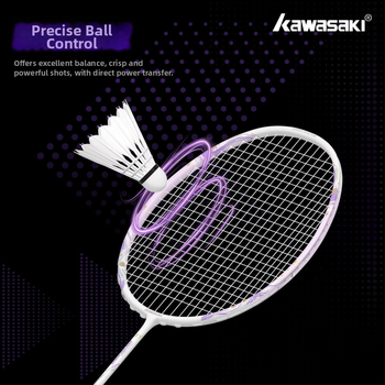 Kawasaki raketes stīgas – kompozītu šķiedra, 0,66 mm, 23–25 mārciņas, Bumbas skaņa, piemērots badmintonam un tenisam