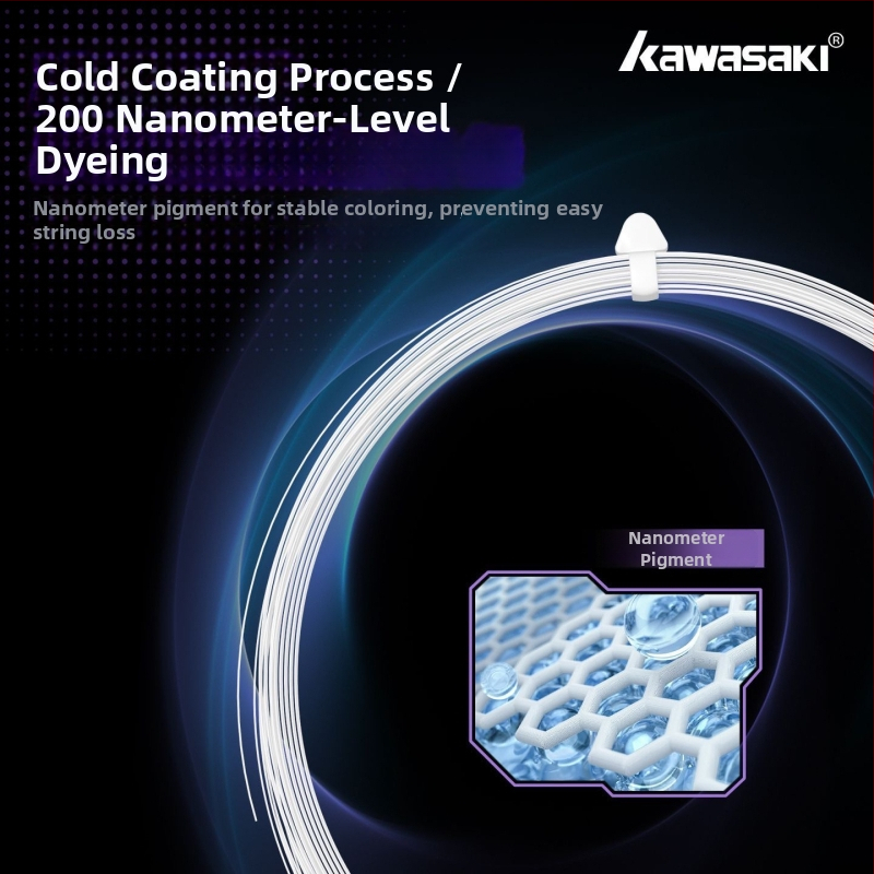 Kawasaki raketes stīgas – kompozītu šķiedra, 0,66 mm, 23–25 mārciņas, Bumbas skaņa, piemērots badmintonam un tenisam