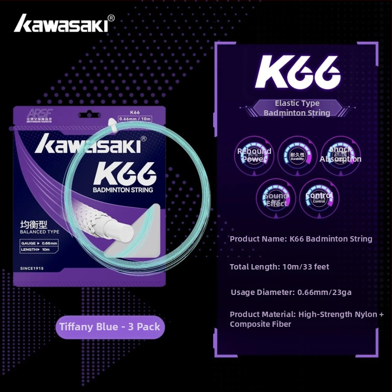 Kawasaki raketes stīgas – kompozītu šķiedra, 0,66 mm, 23–25 mārciņas, Bumbas skaņa, piemērots badmintonam un tenisam