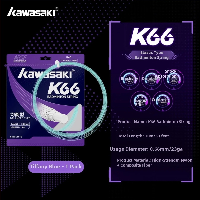 Kawasaki raketes stīgas – kompozītu šķiedra, 0,66 mm, 23–25 mārciņas, Bumbas skaņa, piemērots badmintonam un tenisam