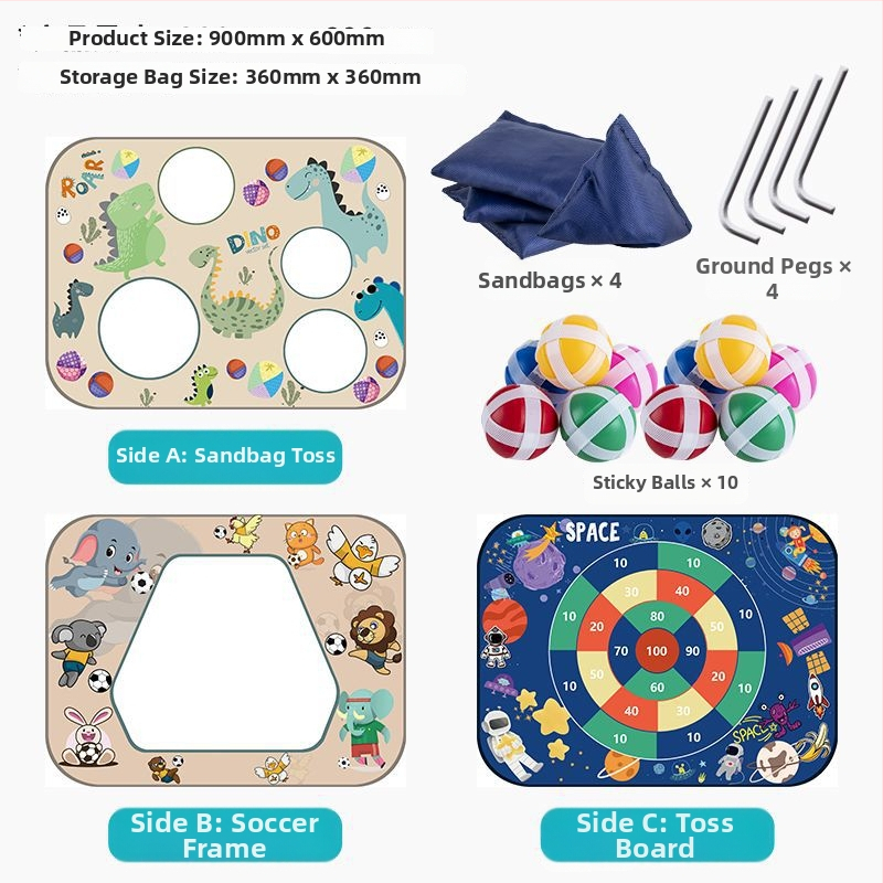 Trīs vienā saliekams mērķa panelis bērniem – sit futbola, metu smilšu maisiņus, lipīgās bumbas; iekšējai un ārējai spēlei, vecums 4–6 gadi