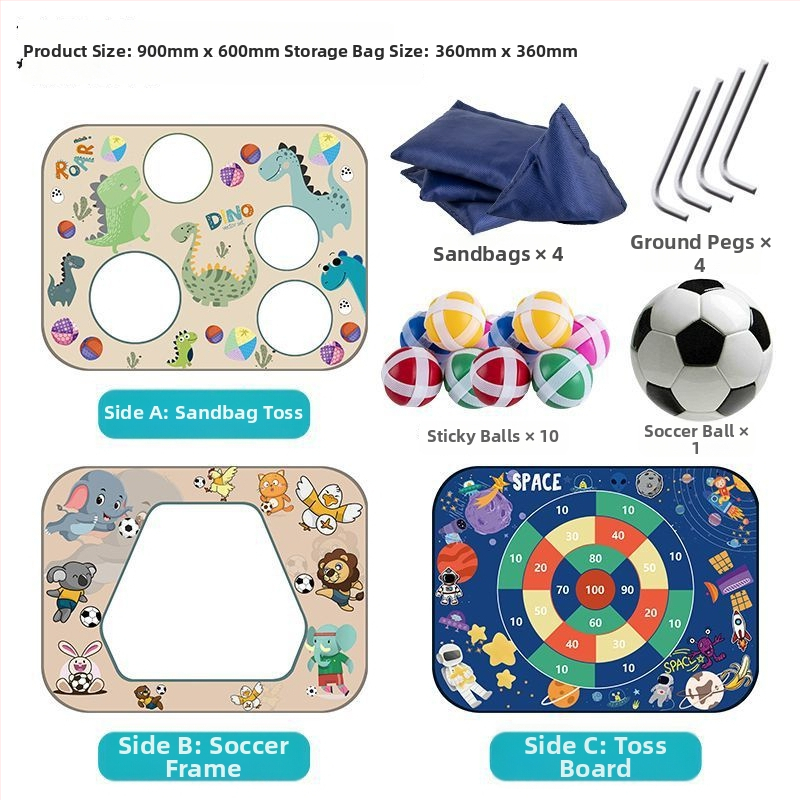 Trīs vienā saliekams mērķa panelis bērniem – sit futbola, metu smilšu maisiņus, lipīgās bumbas; iekšējai un ārējai spēlei, vecums 4–6 gadi