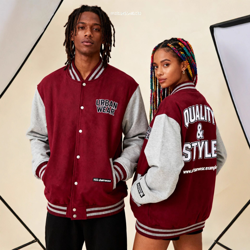 Бейсболно яке със стояща яка, еднокопчавано закопчаване, бродирана емблема, плътна полиестерна тъкан с подплата, подходящо за есен