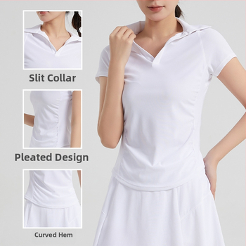 Sieviešu baseball stila īsām piedurknēm jogas tops ar dziļu V kaklu, plisu talja, gūžu garums, šaura piegriezums (88% neilons, 12% spandekss)