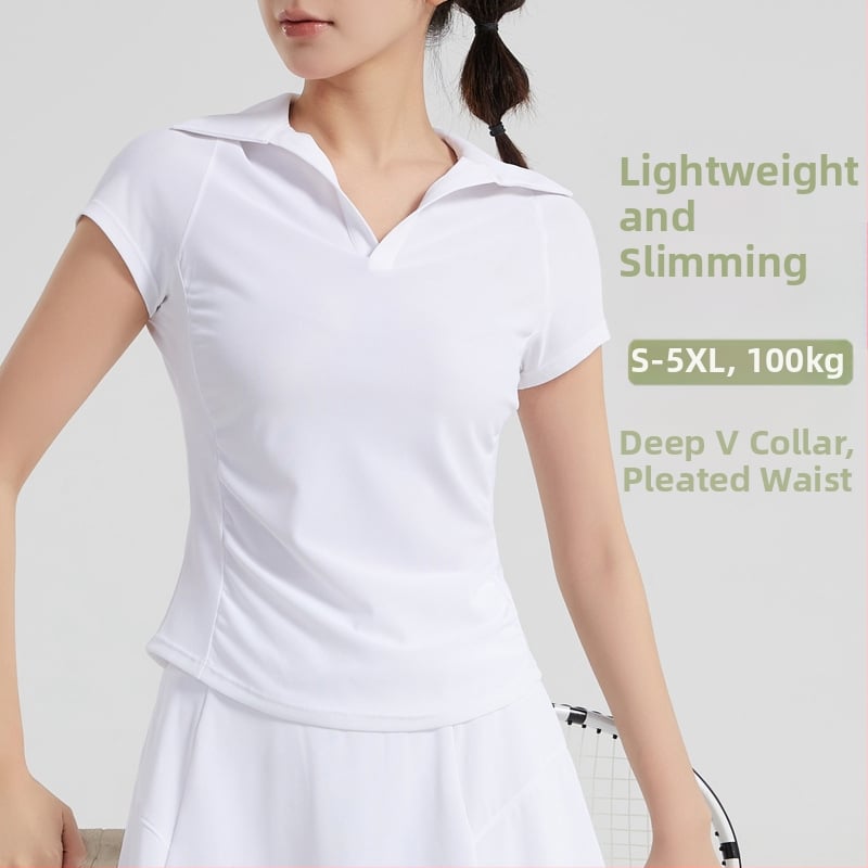 Γυναικείος τοπ γιόγκα με κοντό μανίκι σε στυλ μπεϊζμπολ, βαθύ V-λαιμό, πιέτες στη μέση, μήκος στους γοφούς, εφαρμοστή γραμμή (88% νάιλον, 12% σπάντεξ)