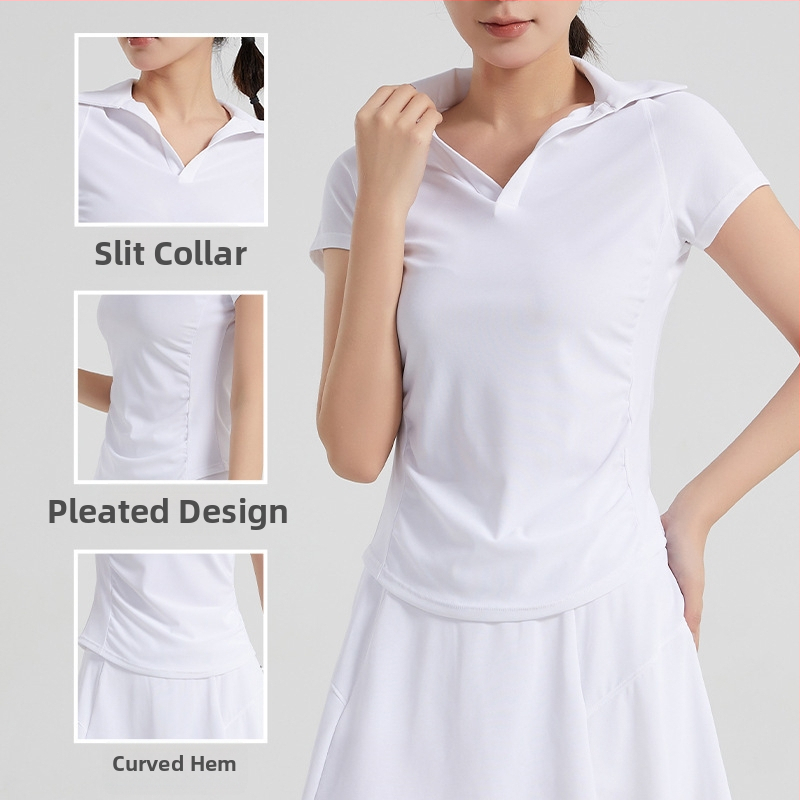 Sieviešu baseball stila īsām piedurknēm jogas tops ar dziļu V kaklu, plisu talja, gūžu garums, šaura piegriezums (88% neilons, 12% spandekss)