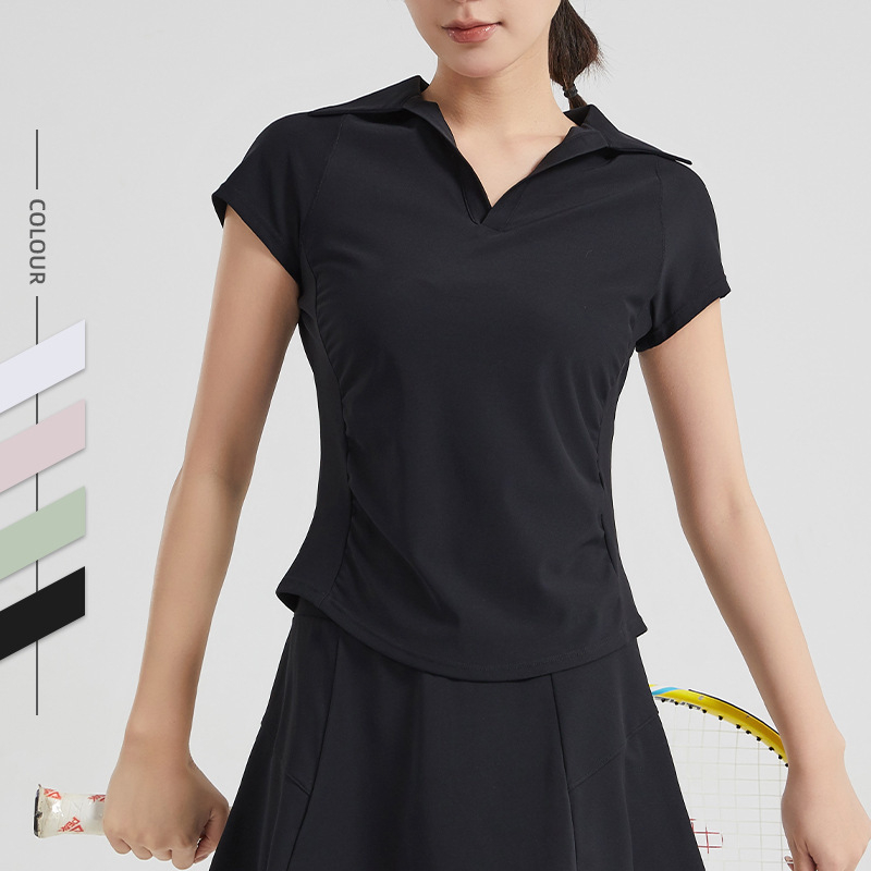 Γυναικείος τοπ γιόγκα με κοντό μανίκι σε στυλ μπεϊζμπολ, βαθύ V-λαιμό, πιέτες στη μέση, μήκος στους γοφούς, εφαρμοστή γραμμή (88% νάιλον, 12% σπάντεξ)