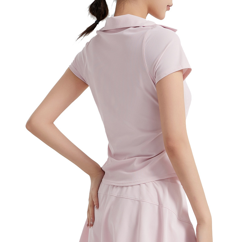 Γυναικείος τοπ γιόγκα με κοντό μανίκι σε στυλ μπεϊζμπολ, βαθύ V-λαιμό, πιέτες στη μέση, μήκος στους γοφούς, εφαρμοστή γραμμή (88% νάιλον, 12% σπάντεξ)