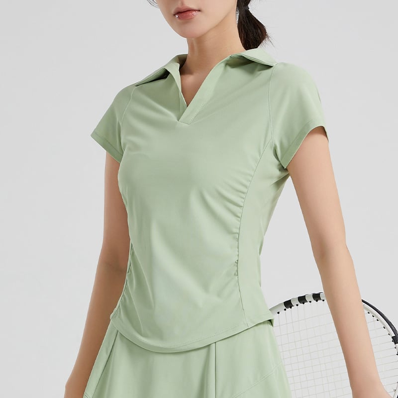 Γυναικείος τοπ γιόγκα με κοντό μανίκι σε στυλ μπεϊζμπολ, βαθύ V-λαιμό, πιέτες στη μέση, μήκος στους γοφούς, εφαρμοστή γραμμή (88% νάιλον, 12% σπάντεξ)