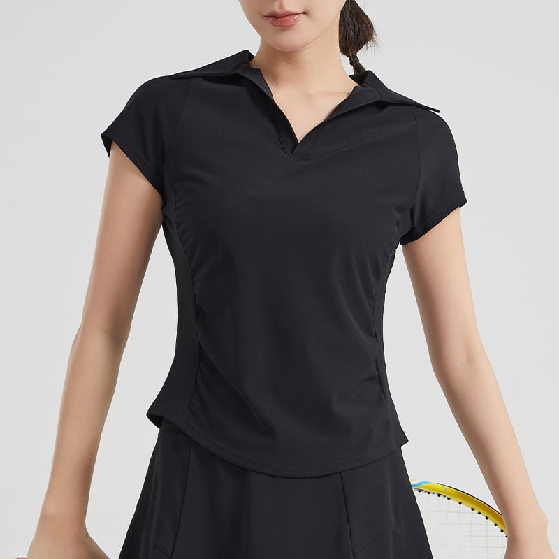 Γυναικείος τοπ γιόγκα με κοντό μανίκι σε στυλ μπεϊζμπολ, βαθύ V-λαιμό, πιέτες στη μέση, μήκος στους γοφούς, εφαρμοστή γραμμή (88% νάιλον, 12% σπάντεξ)