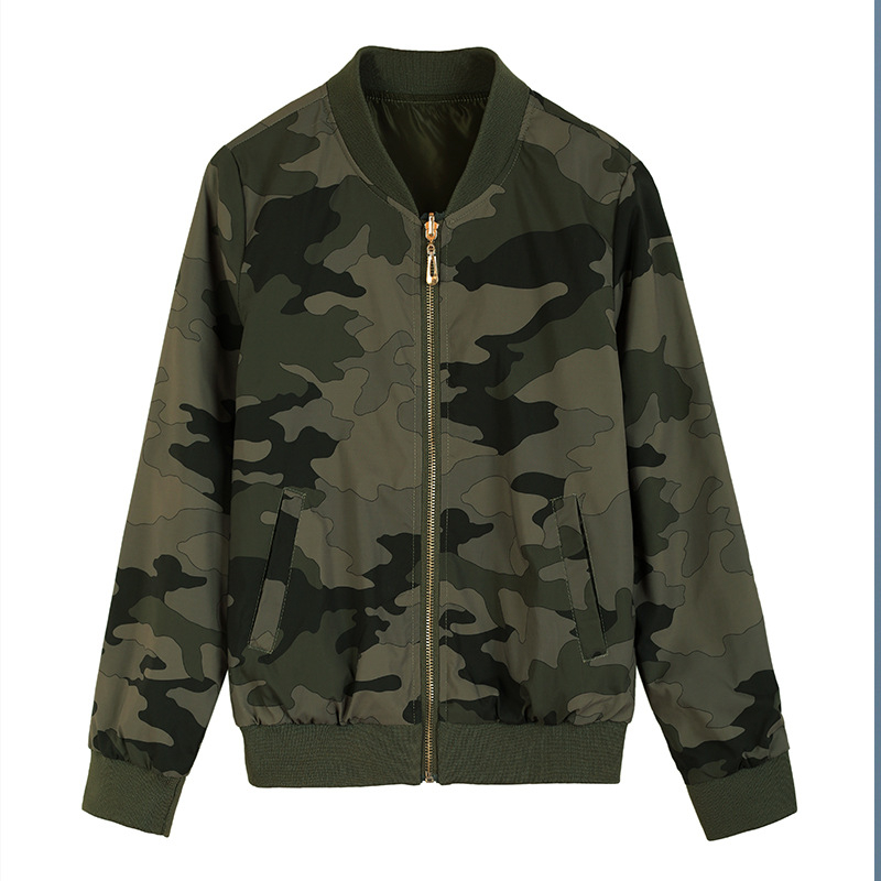 Sieviešu reversā baseball jaka ar garām piedurknēm, stāvošā apkakle, kamuflāžas raksts, poliesteru audums, šaura piegriezums