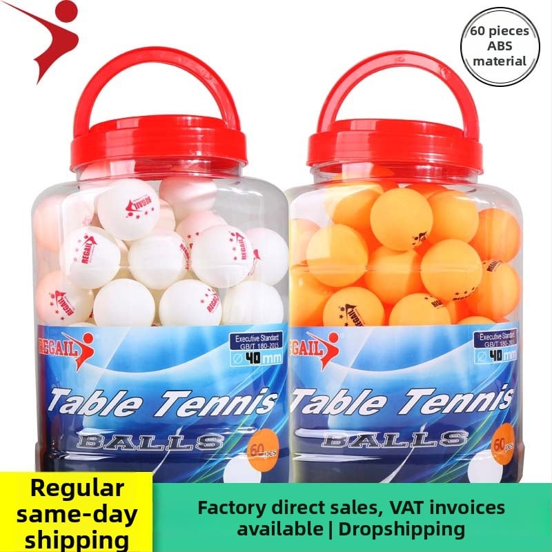 Regail galda tenisa bumbiņas – 60 bumbiņu mucā, ABS materiāls, drukāts logotips, licencēta privāta zīmola etiķete, treniņiem un sacensībām