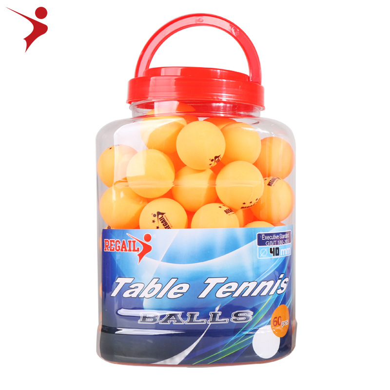 Regail galda tenisa bumbiņas – 60 bumbiņu mucā, ABS materiāls, drukāts logotips, licencēta privāta zīmola etiķete, treniņiem un sacensībām