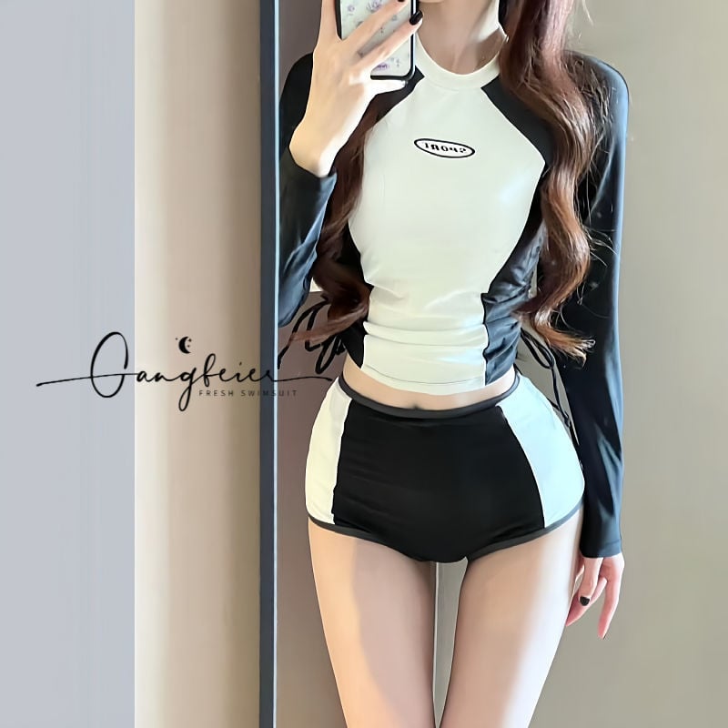 Дамски двучастен мокър костюм за плуване, дълги ръкави, висока талия, екологично чист полиестер 94%, тегло 250 g, подплата полиестер