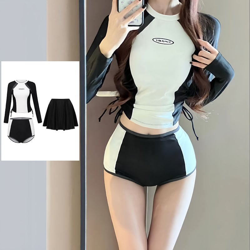 Дамски двучастен мокър костюм за плуване, дълги ръкави, висока талия, екологично чист полиестер 94%, тегло 250 g, подплата полиестер