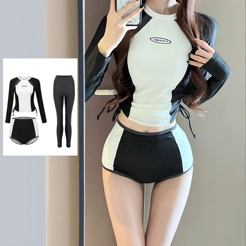 Дамски двучастен мокър костюм за плуване, дълги ръкави, висока талия, екологично чист полиестер 94%, тегло 250 g, подплата полиестер