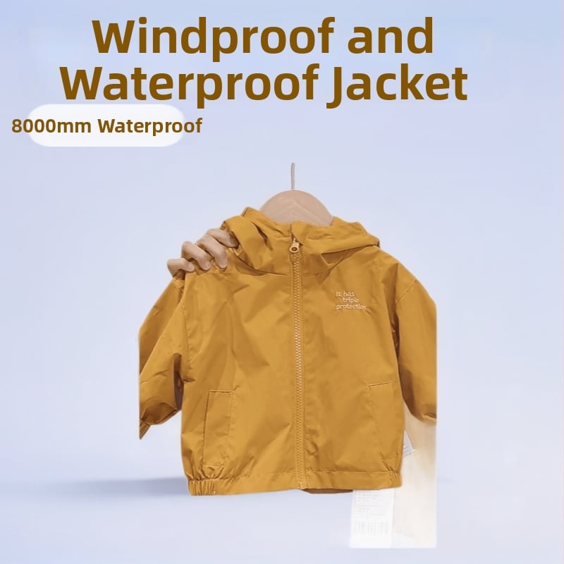 Zēnu kapucēta jaka pavasarim un rudenim, 2025. gada modelis, 100% poliesters, ūdensizturība 8000 mm, elpojamība 10001–15000 mm, pilnībā teipētas šuves
