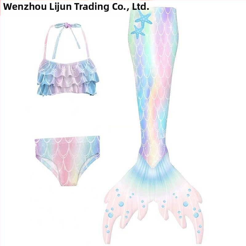Dievčenský plavecký set – Morská panná princezná, troj dielny set s chvostom, polyester, obsah polypropylénu, Lijun, vek 3–14 rokov