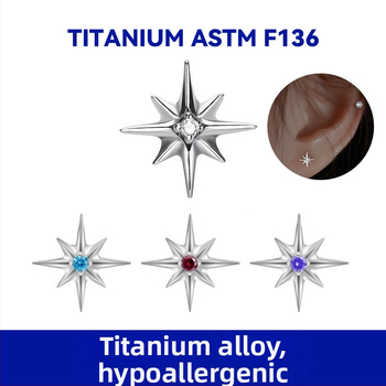 Náušnice z titanovej zliatiny s hviezdou s ôsmimi rohmi, vnútorný závit, leštené, unisex, model F136-35