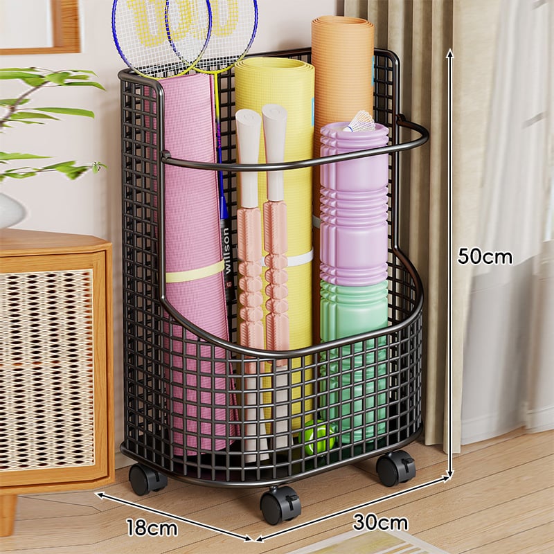 Ραφιέρα αποθήκευσης γιόγκα με ρόδες – μεγάλη χωρητικότητα, μεταλλική κατασκευή για εξοπλισμό γυμναστικής και ρακέτες μπατμίντον