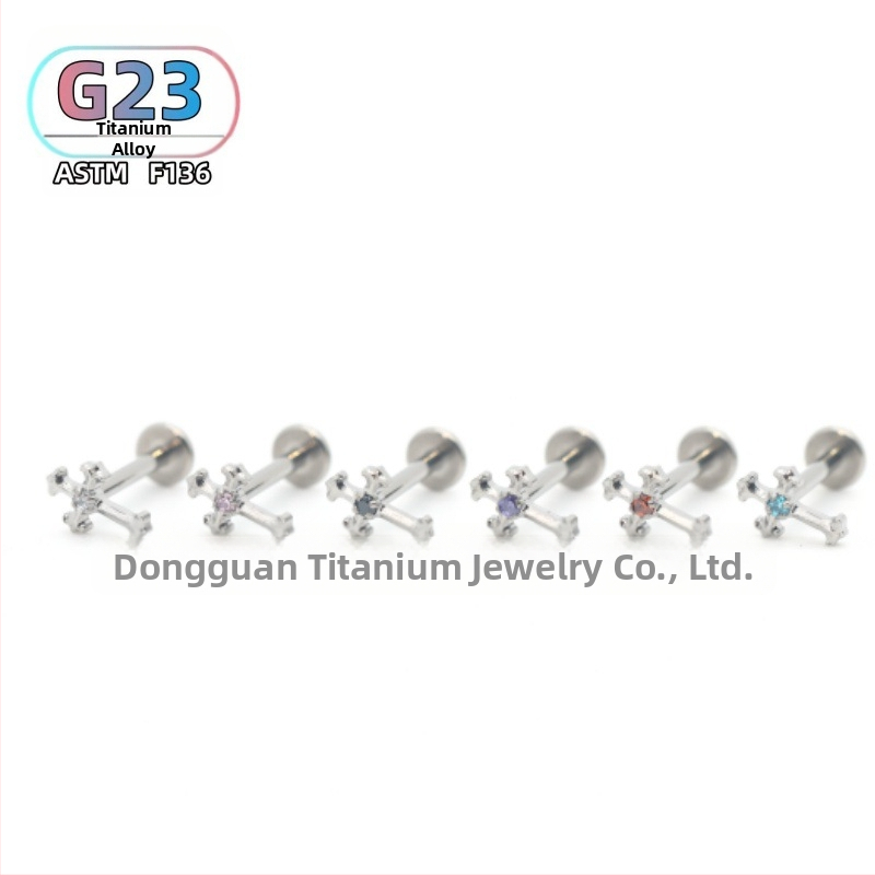 F136 titánové náušnicové a piercing do pier kríž so zirkónmi, leštený povrch, unisex