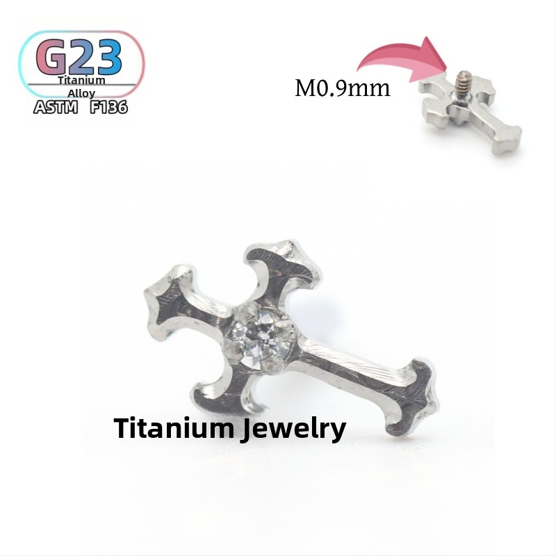F136 titánové náušnicové a piercing do pier kríž so zirkónmi, leštený povrch, unisex