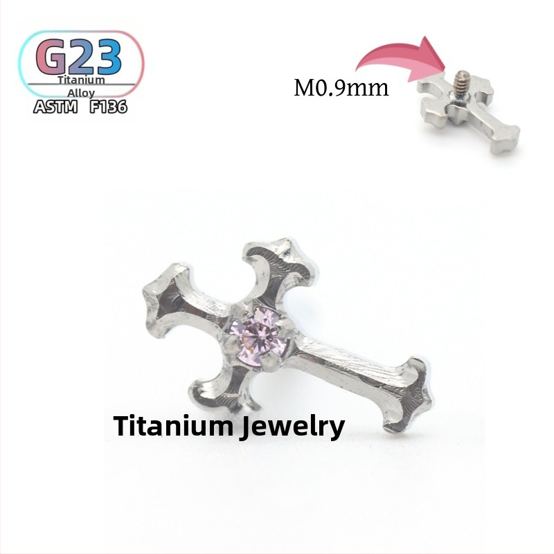 F136 titánové náušnicové a piercing do pier kríž so zirkónmi, leštený povrch, unisex