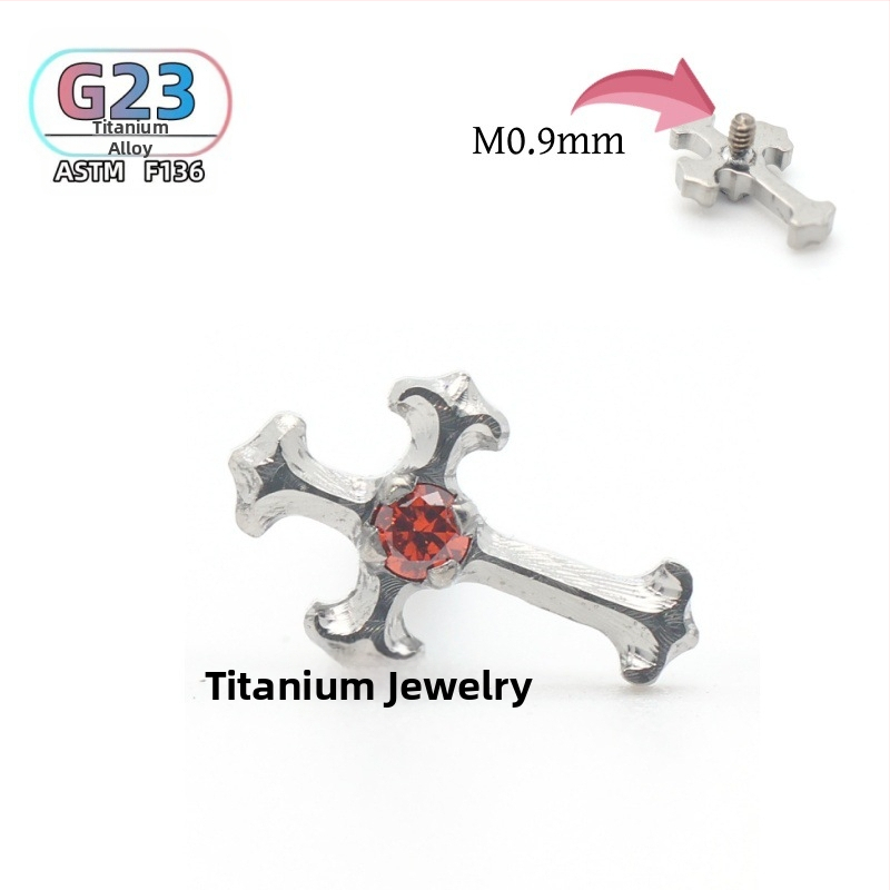 F136 titánové náušnicové a piercing do pier kríž so zirkónmi, leštený povrch, unisex