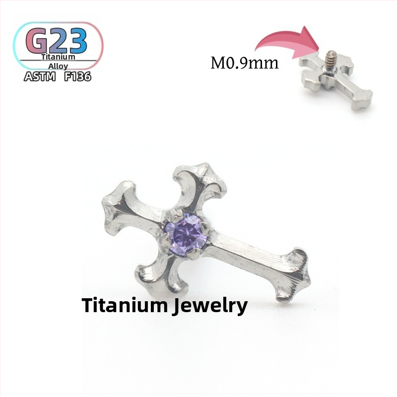 F136 titánové náušnicové a piercing do pier kríž so zirkónmi, leštený povrch, unisex