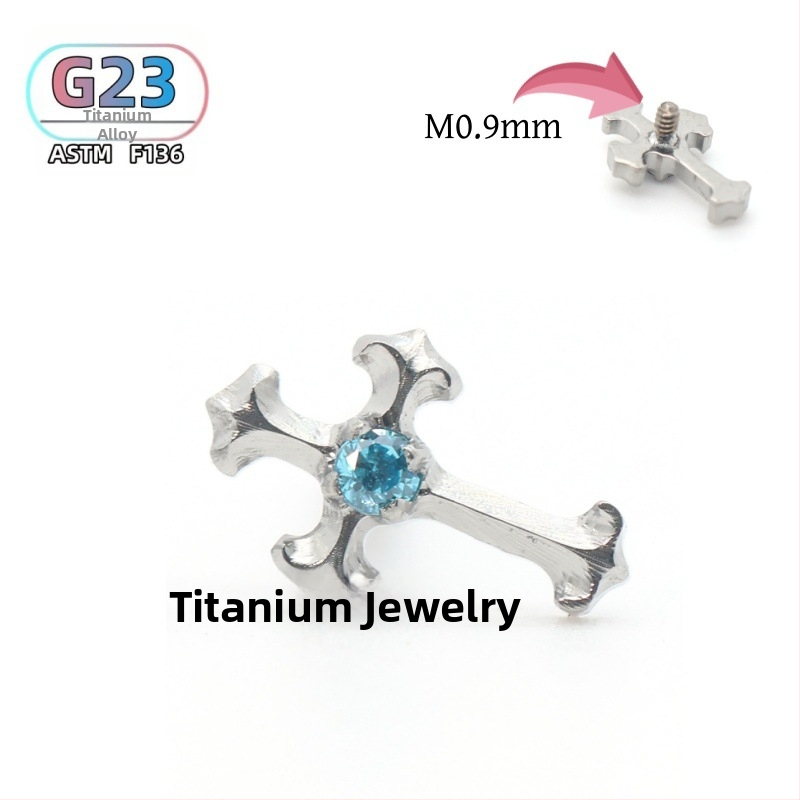 F136 titánové náušnicové a piercing do pier kríž so zirkónmi, leštený povrch, unisex