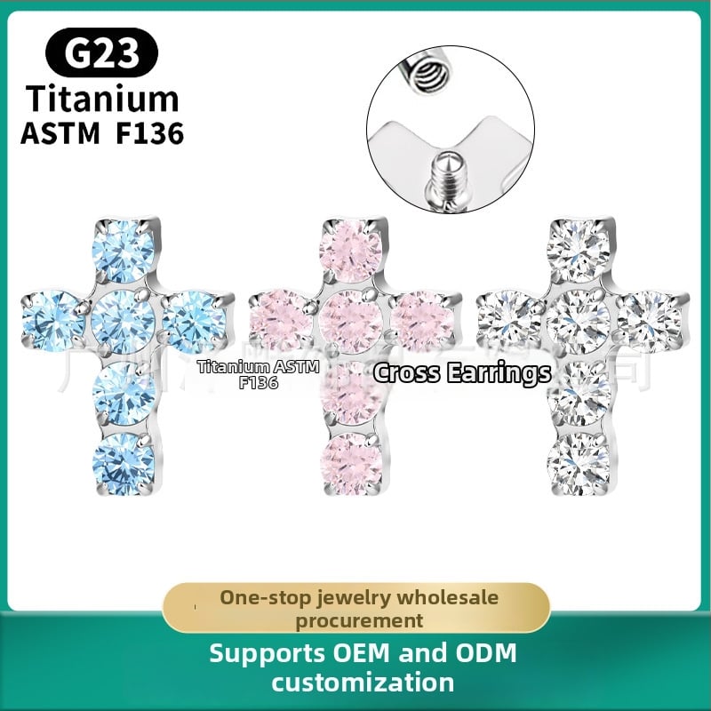 F136 titánötvözet kereszt alakú fülbevaló gyémánt betéttel és cirkóniummal