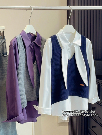 Naiste kaheosaline komplekt — Korea koolistiil, kihilise särk krae ja V-kaelusega kootud vestide top (Talv 2025)