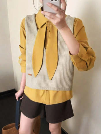 Naiste kaheosaline komplekt — Korea koolistiil, kihilise särk krae ja V-kaelusega kootud vestide top (Talv 2025)