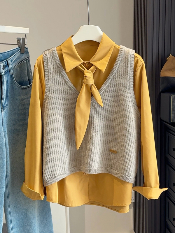 Naiste kaheosaline komplekt — Korea koolistiil, kihilise särk krae ja V-kaelusega kootud vestide top (Talv 2025)
