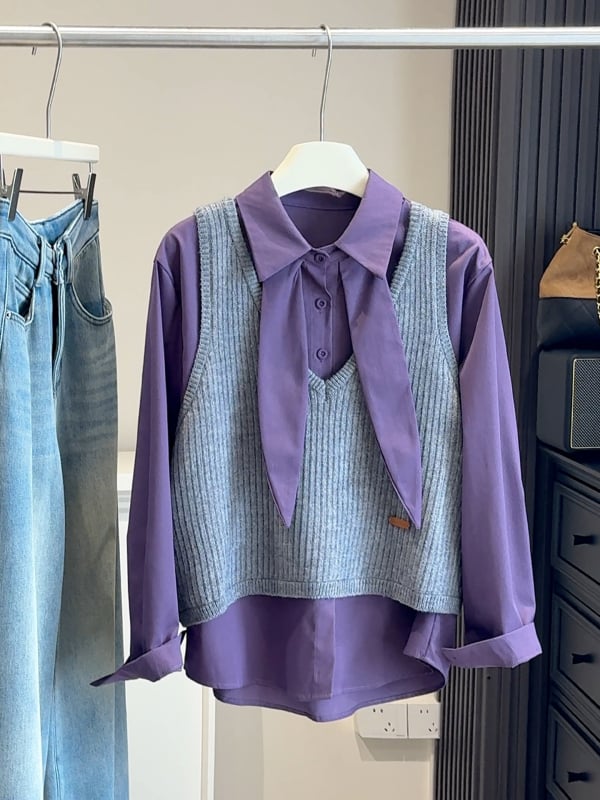 Naiste kaheosaline komplekt — Korea koolistiil, kihilise särk krae ja V-kaelusega kootud vestide top (Talv 2025)