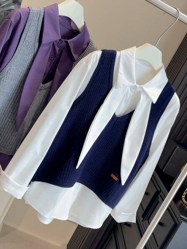 Naiste kaheosaline komplekt — Korea koolistiil, kihilise särk krae ja V-kaelusega kootud vestide top (Talv 2025)