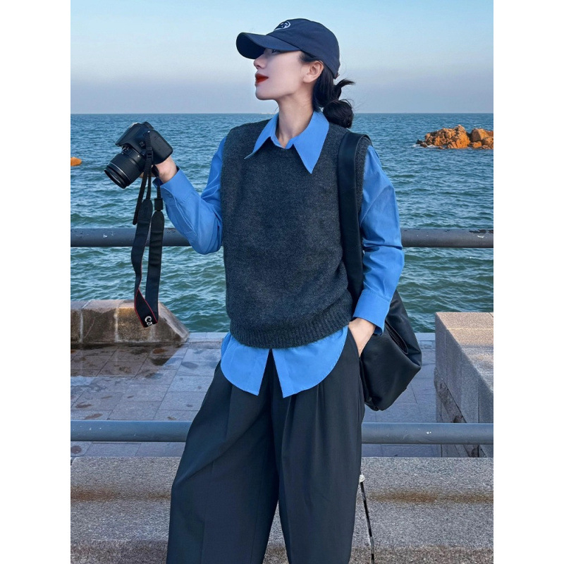 Női ing galléros reverrel és mellényhatású, hosszú ujjú, ősz 2025, elegáns városi stílus, 95% akril rost