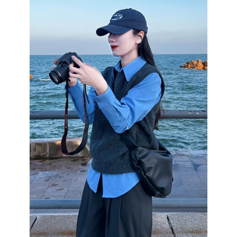 Női ing galléros reverrel és mellényhatású, hosszú ujjú, ősz 2025, elegáns városi stílus, 95% akril rost