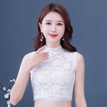 Дамски топ с полувисока имитационна яка, дантелени изрези, външен вид като вътрешна Т‑шърт, стил Япония/Корея